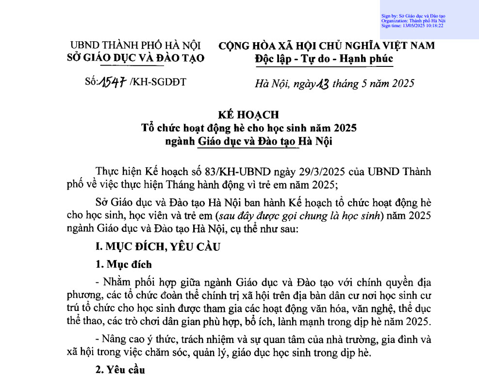 Kế hoạch 1547 KH SGDĐT 2025 tổ chức hoạt động hè cho học sinh năm 2025 ngành Giáo dục và Đào tạo Hà Nội ra sao?