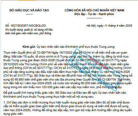 Số: 1627/BGDĐT-NGCBQLGD V/v tuyển dụng, quản lý, sử dụng chỉ tiêu biên chế giáo viên mầm non, phổ thông