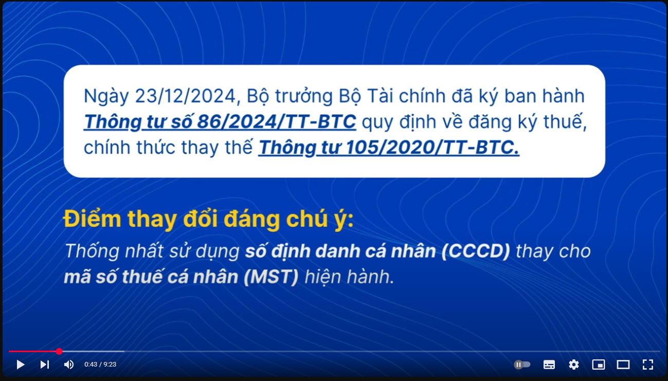 Thông tư số 86/2024/TT-BTC của Bộ Tài chính: Quy định về đăng ký thuế sử dụng Mã số định danh cá nhân (CCCD) thay cho MSTCN