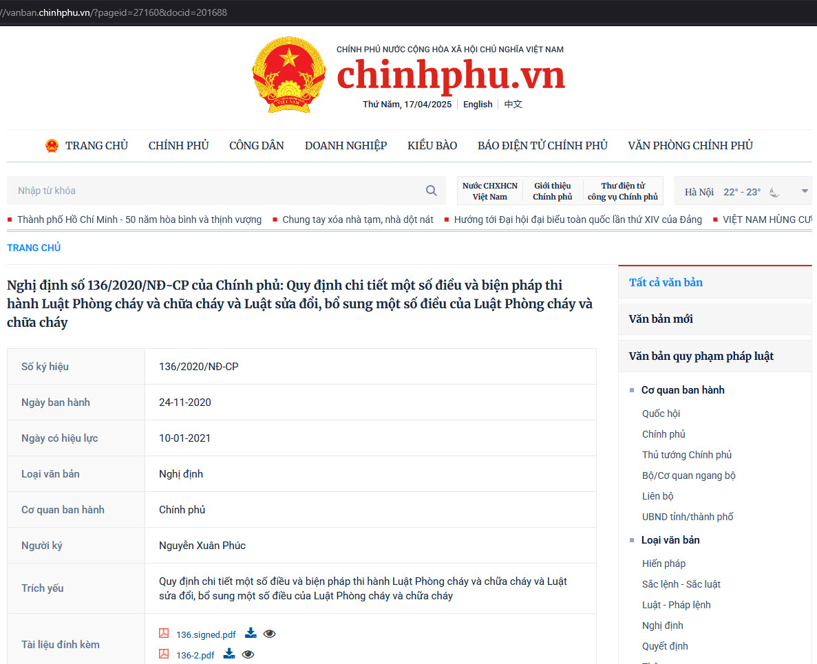 Nghị định số 136/2020/NĐ-CP của Chính phủ: Quy định chi tiết một số điều và biện pháp thi hành Luật Phòng cháy và chữa cháy và Luật sửa đổi, bổ sung một số điều của Luật Phòng cháy và chữa cháy