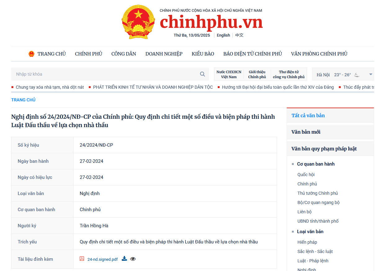 Nghị định số 24/2024/NĐ-CP của Chính phủ: Quy định chi tiết một số điều và biện pháp thi hành Luật Đấu thầu về lựa chọn nhà thầu