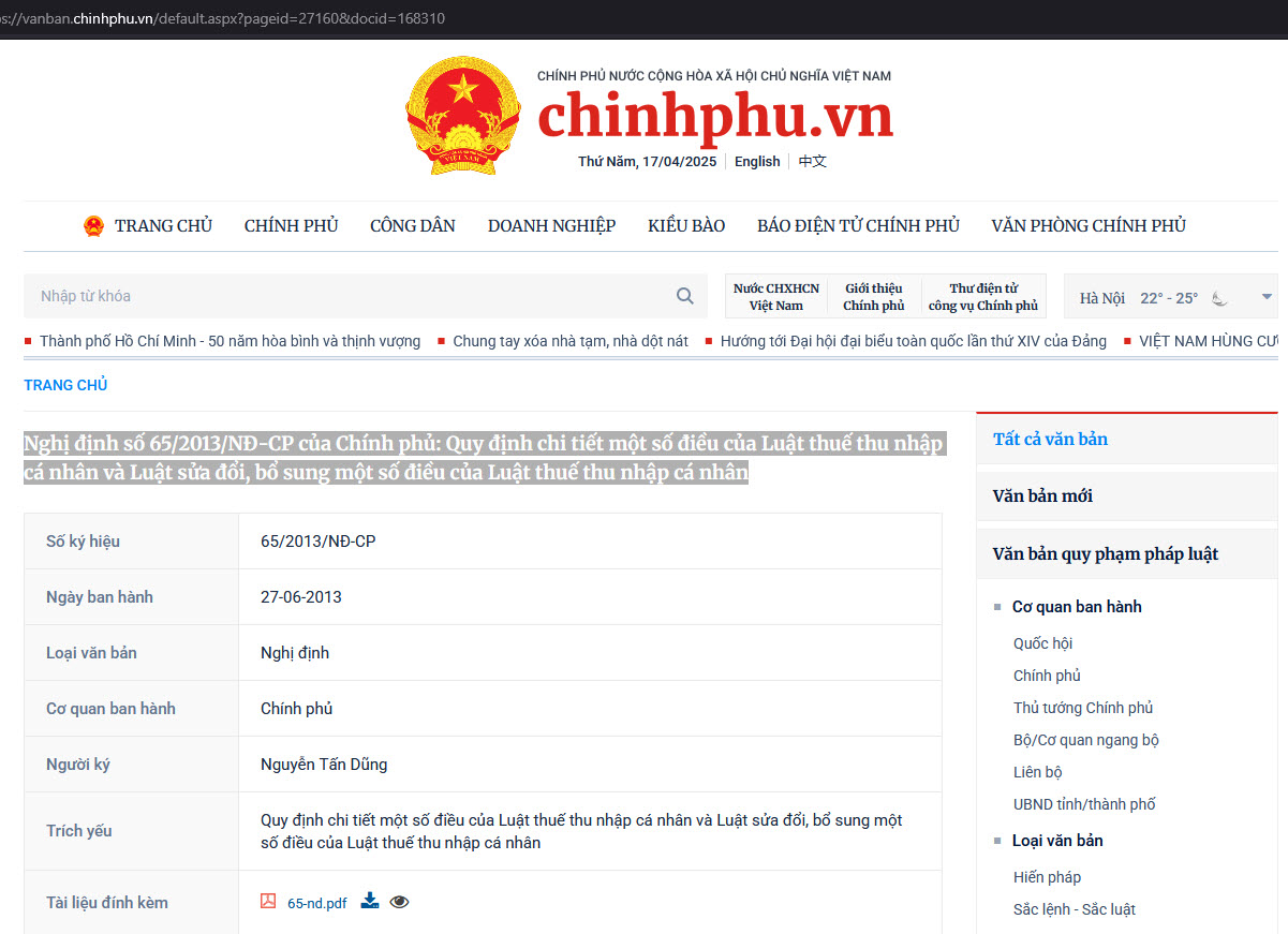 Nghị định số 65/2013/NĐ-CP của Chính phủ: Quy định chi tiết một số điều của Luật thuế thu nhập cá nhân và Luật sửa đổi, bổ sung một số điều của Luật thuế thu nhập cá nhân