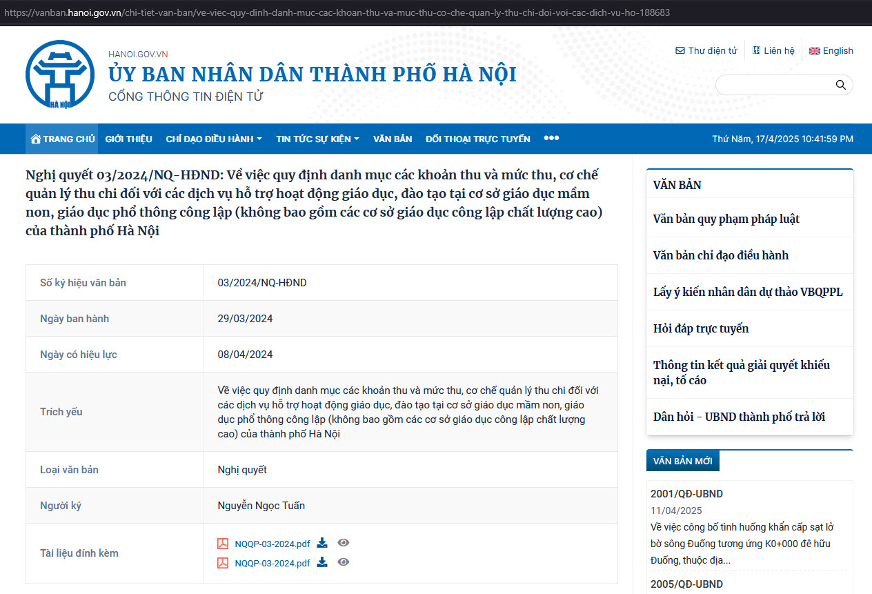 Nghị quyết 03/2024/NQ-HĐND: Về việc quy định danh mục các khoản thu và mức thu, cơ chế quản lý thu chi đối với các dịch vụ hỗ trợ hoạt động giáo dục, đào tạo tại cơ sở giáo dục mầm non, giáo dục phổ thông công lập (không bao gồm các cơ sở giáo dục công lập chất lượng cao) của thành phố Hà Nội