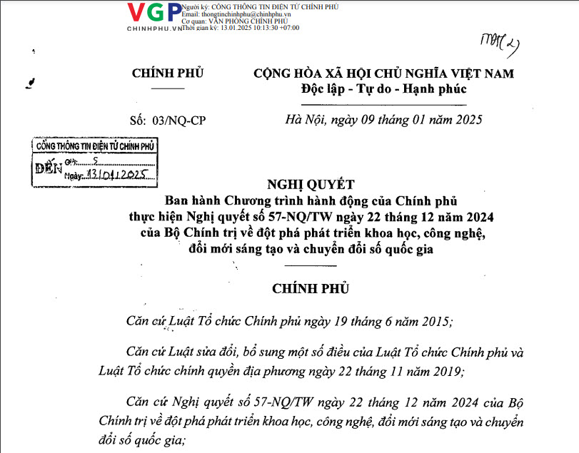 Nghị quyết số 03/NQ-CP của Chính phủ:của Bộ Chính trị về đột phá phát triển khoa học, công nghệ, đổi mới sáng tạo và chuyển đổi số quốc gia