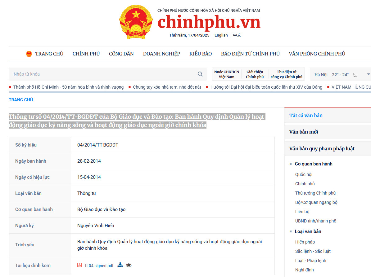 Thông tư số 04/2014/TT-BGDĐT của Bộ Giáo dục và Đào tạo: Quản lý hoạt động kỹ năng sống