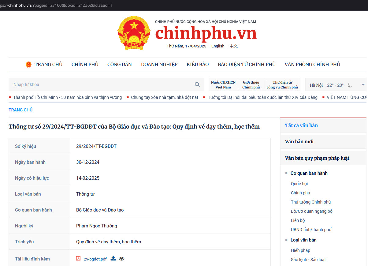 Thông tư số 29/2024/TT-BGDĐT của Bộ Giáo dục và Đào tạo: Quy định về dạy thêm, học thêm
