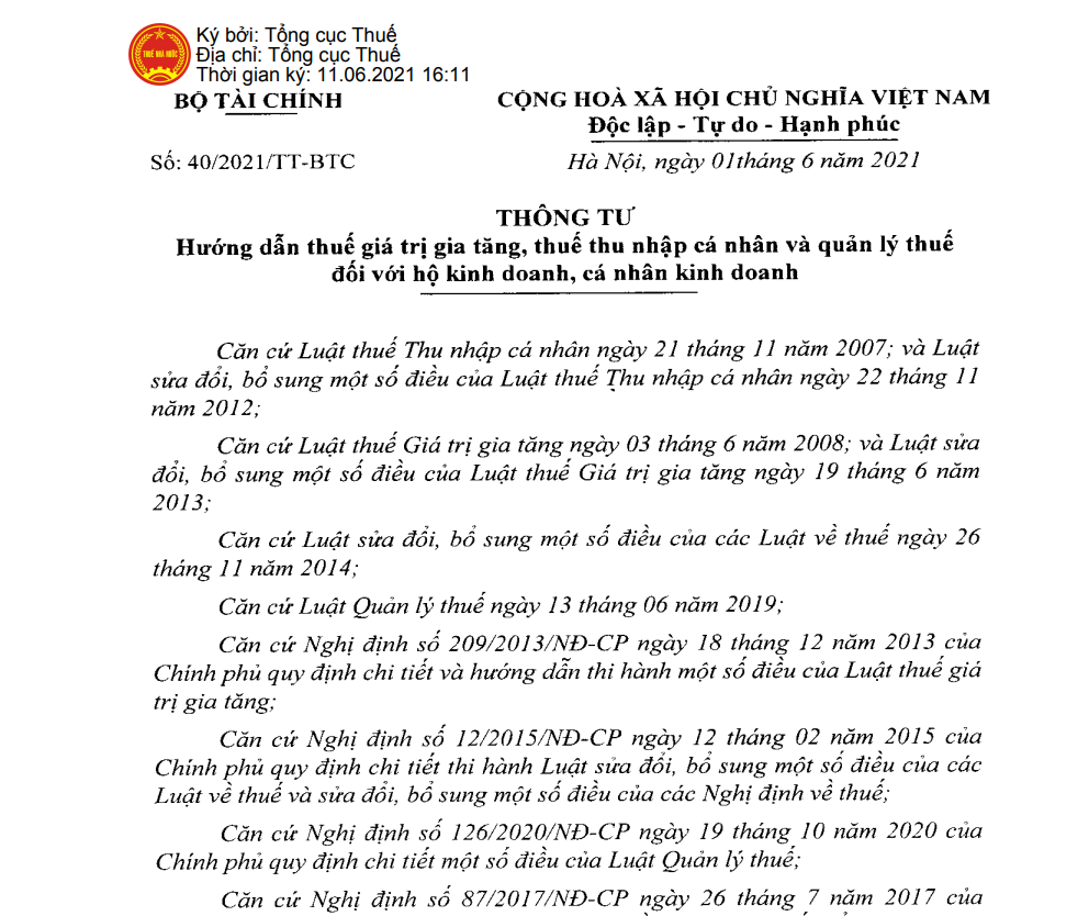 Thông tư số 40/2021/TT-BTC ngày 01/6/2021 của Bộ Tài chính hướng dẫn thuế giá trị gia tăng, thuế thu nhập cá nhân và quản lý thuế đối với hộ kinh doanh, cá nhân kinh doanh