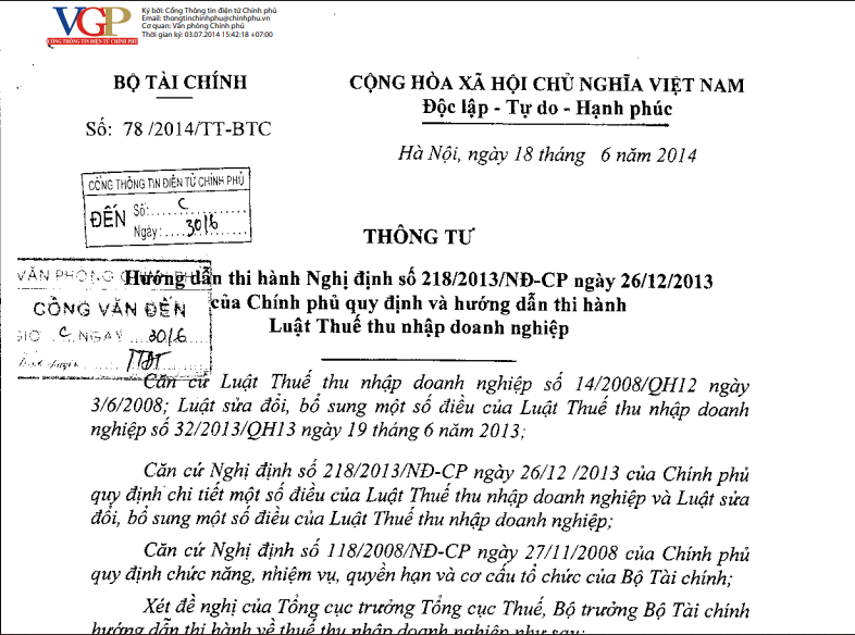 Thông tư số 78/2014/TT-BTC của Bộ Tài chính: Hướng dẫn thi hành Nghị định số 218/2013/NĐ-CP ngày 26/12/2013 của Chính phủ quy định và hướng dẫn thi hành Luật Thuế thu nhập doanh nghiệp