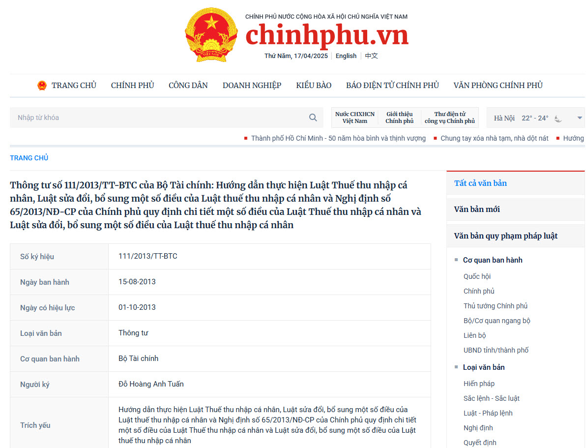Thông tư số 111/2013/TT-BTC của Bộ Tài chính: Hướng dẫn thực hiện Luật Thuế thu nhập cá nhân