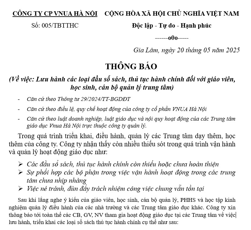 Thong báo số: 005/TBTTHC về việc thực hiện các loại sổ sách giấy tờ thủ tục hành chính tại trác Trung tâm giáo dục Vnua Hà Nội